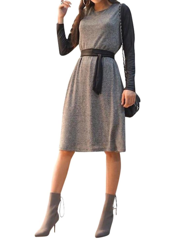 Front of a model wearing a size XL Leather Sleeve Dress In Black And Grey in Black And Grey by Daniella Faye. | dia_product_style_image_id:346485